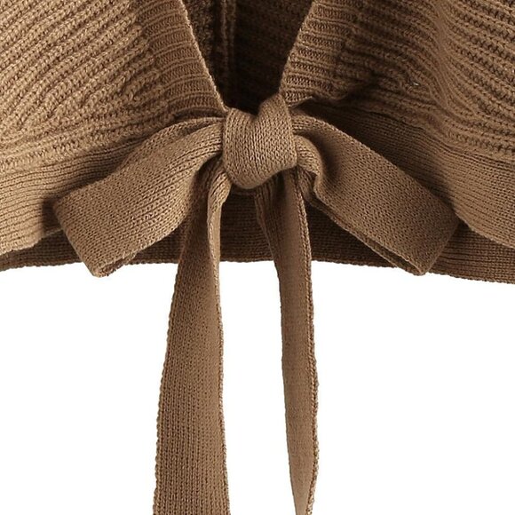 Women's Ribbed Knit Cropped Sweater V Neck Tie Back Drop Shoulder Casual - Picture 4 of 4